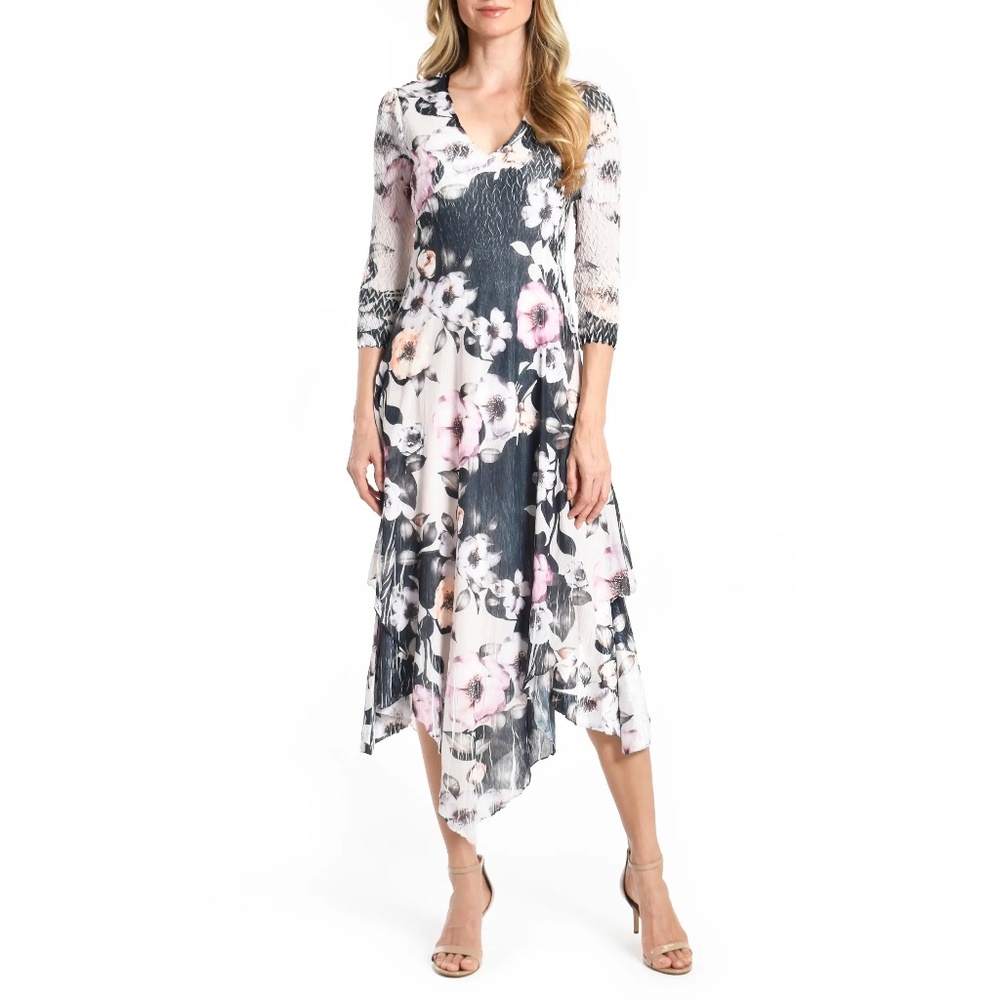 NEW Komarov Floral Chiffon Overlay Handkerchief Hem Dress, size Large